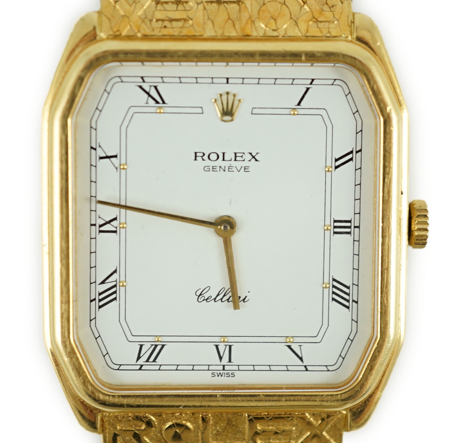 A gentleman's 1980's 18ct gold Rolex Cellini manual wind dress octagonal wrist watch, on 18ct gold Rolex bracelet embossed with the word 'Rolex'